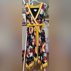 NWOT Maeve Faux Wrap Black Floral Midi Dress with Yellow Handkerchief Trim/Hem